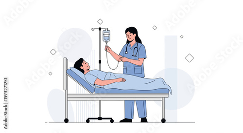 Nurse Administering IV Drip to Patient in Hospital Bed, Medical Care Illustration