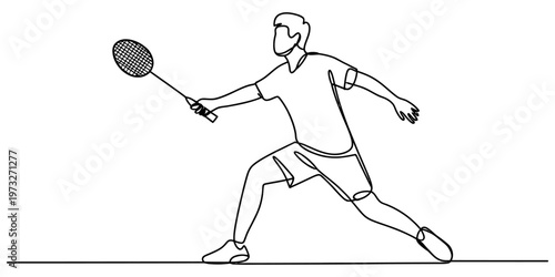 A continuous line drawing of a male badminton player performing a dynamic athletic lunge shot