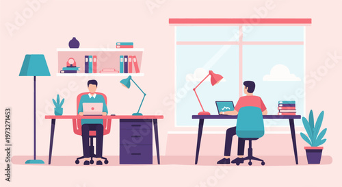 Two men working on laptops in separate home office spaces.