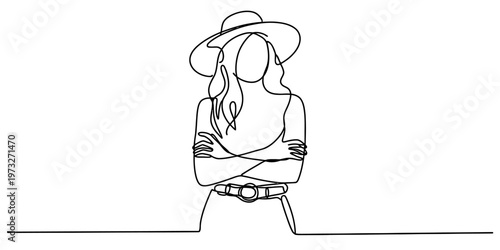 A minimalist single line drawing of a woman wearing a wide brimmed hat with her arms crossed.