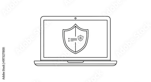 3d vector illustration set featuring a security shield with sword icon on a computer laptop screen for business technology and internet web design concept