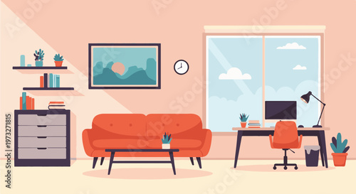 Cozy Living Room with Home Office Setup.