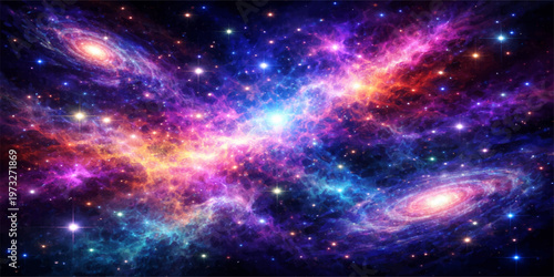 A vast deep blue cosmos fantasy illustration featuring a bright nebula cloud and a starry galaxy field within the dark outer universe starfield