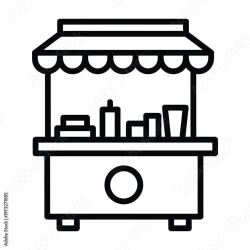 Outline icon of a market stall kiosk with products for retail and street vendor business with food stall with drink stall with line art
