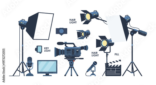 A professional collection of modern film production tools including a video camera softbox lights and microphones displayed clearly on a white background.