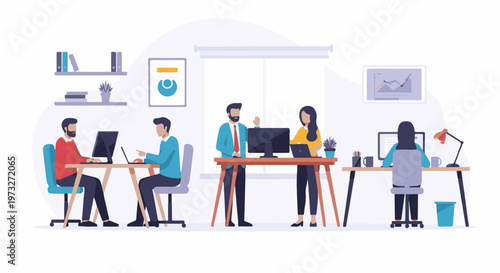 Diverse team collaborating in a modern office environment.