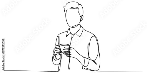 Minimalist continuous line drawing of a man holding a small cup for a coffee or tea break time