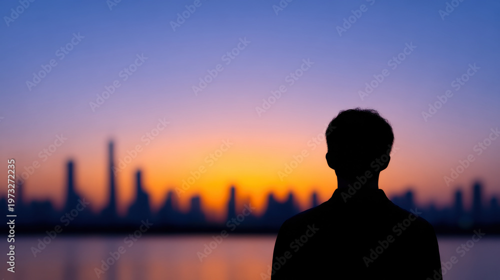 Fototapeta premium Global market oil price concept, Backlit silhouette of person looking at city skyline during sunset with vibrant orange and blue sky creating peaceful mood