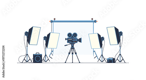 A symmetrical and professional film studio arrangement featuring a central movie camera surrounded by softbox lights and a clean white backdrop screen.
