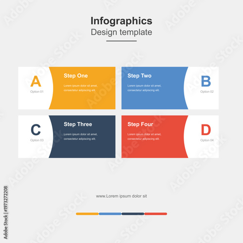 Infographic design template with four rectangular sections, colorful business presentation layout with letters a, b, c, d