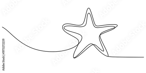 A continuous line drawing of a simple five pointed star with a long flowing tail on white background