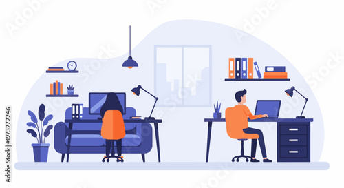 Two people working remotely in a modern home office setup.