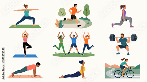 Diverse Fitness Activities Yoga Running Strength Training and Cycling.