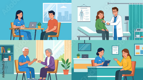 Diverse Medical Consultations DoctorPatient Interactions in Various Healthcare Settings.