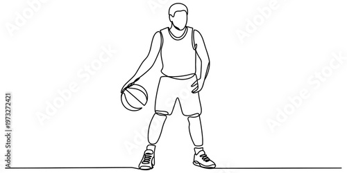 A minimalist continuous single line drawing of a basketball player dribbling a ball on a court.