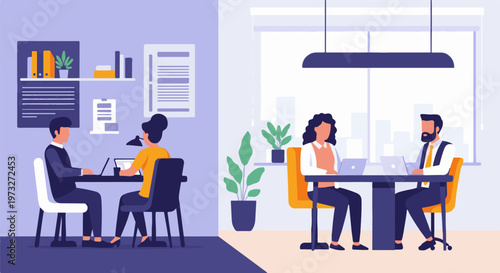 Two business meetings happening simultaneously in different office settings.