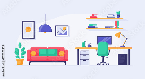 Modern Home Office and Living Space Illustration.