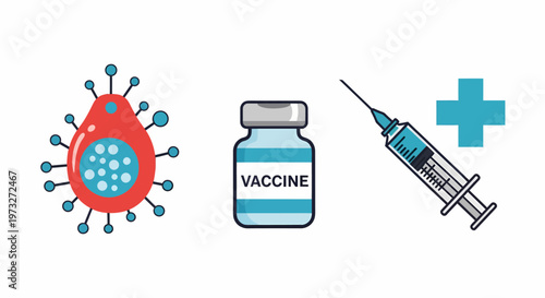 Illustration of Virus Vaccine Vial Syringe and Medical Cross.