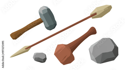 A minimalist black and white line drawing depicts ancient tools and stones.