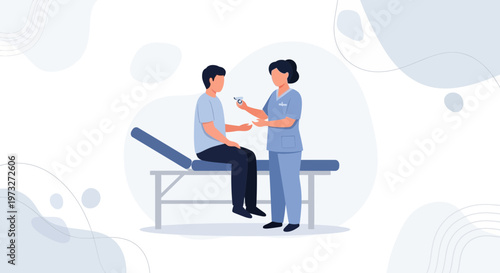 Nurse giving injection to patient sitting on medical couch, vaccination concept