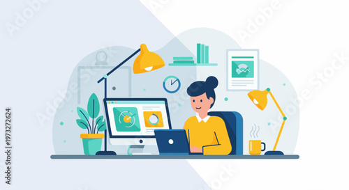 Woman working diligently at her desk with laptop and computer.