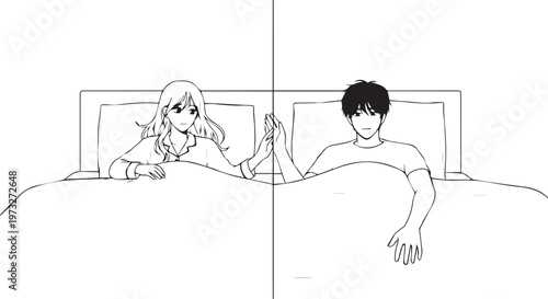 Couple in bed, man and woman lying, romantic relationship, love, illustration, vector