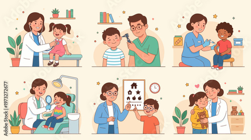 Pediatric checkups Doctors examining children in various medical scenarios.