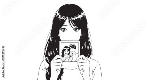 Woman holding photo, portrait illustration, black and white vector, girl with long hair