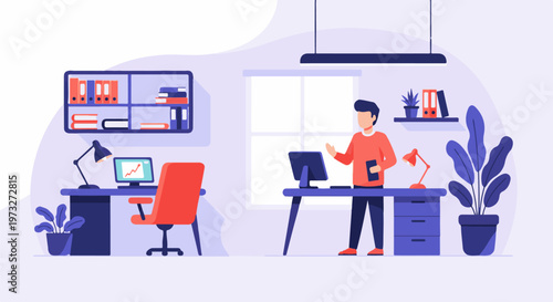 Man standing in modern office holding coffee cup.