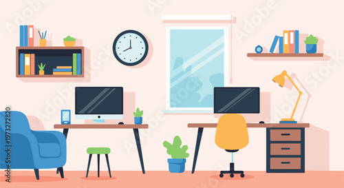 Modern Home Office Setup with Two Desks and Computers 4.