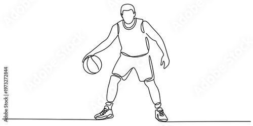 Minimalist continuous line drawing of a basketball player dribbling a ball on a white background