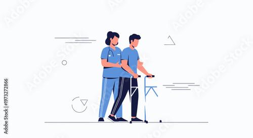 Nurse assisting patient with walker, rehabilitation and healthcare concept