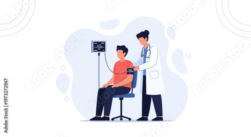Doctor measuring patient's blood pressure with monitor, medical check-up illustration