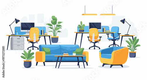 Modern Office Interior with Furniture and Plants.