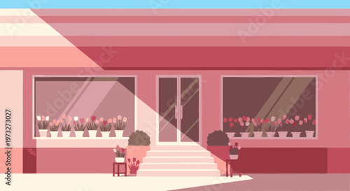 Pink building with white staircase.