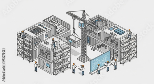 Isometric construction site building complex with crane and scaffolding.