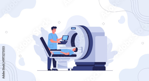 Doctor operating MRI scanner with patient inside, medical technology concept
