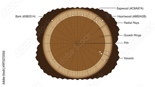 Wooden tree trunk cross-section, growth rings diagram, tree age rings, wooden circle
