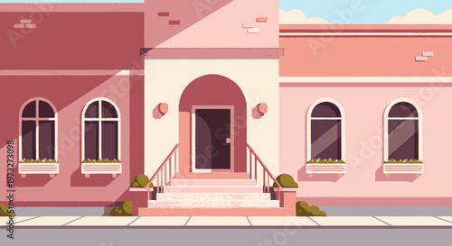 Pink house with pink steps outside.