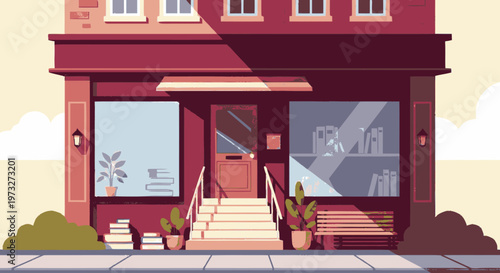 Red storefront with stairs and door.