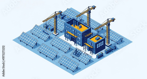 Isometric construction site with cranes and building under construction.