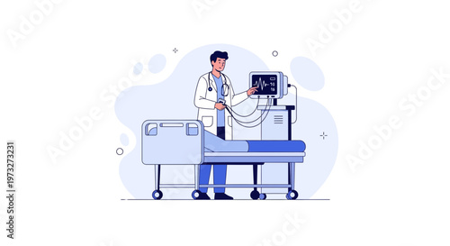 Doctor examining patient on hospital bed with vital signs monitor