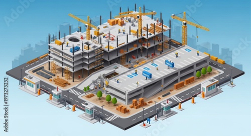 Isometric Construction Site With Building Under Construction And Cranes.
