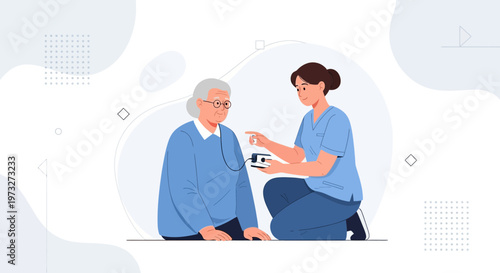 Nurse checks elderly patient's vital signs, healthcare concept illustration
