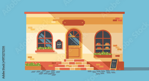 Small yellow house with steps.