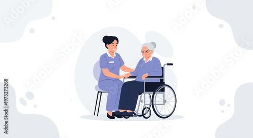 Nurse caring for elderly woman in wheelchair, home care, medical assistance, support