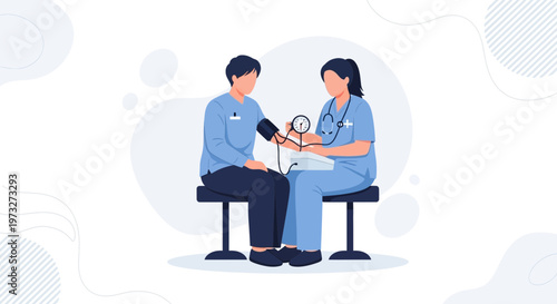 Doctor measuring patient's blood pressure, healthcare checkup, medical consultation illustration