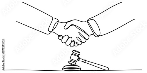 A single continuous line drawing of a handshake depicting a legal agreement or court settlement.