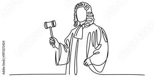 A single continuous line drawing of a judge wearing a traditional wig and holding a wooden gavel