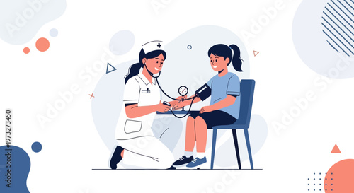Nurse checks child's blood pressure, medical check-up, healthcare illustration